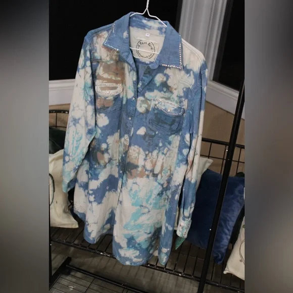 Rhinestone Tie-Dye Oversized Shirt Dress | Boho Western Statement Top - Picture 1 of 3